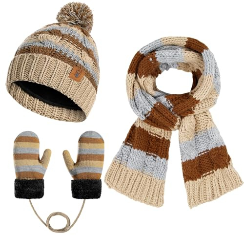 INSISMY Ensemble Bonnet Écharpe Gants pour Enfant 3-8 Ans Hiver Chaud Tricoté Chapeau avec Pompon Moufles Doux Polaire Épaisse Set pour Garçons Filles