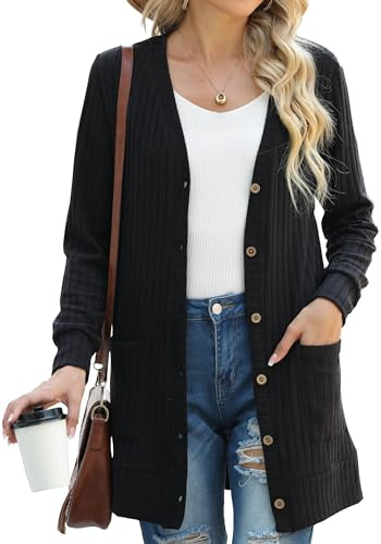 GRECERELLE Cardigan Donna Lungo Golfino Manica Lunga Elegante Comodo Apertura Frontale Bottoni Tasche Maglione Leggero Scollo a V (Nero, M)
