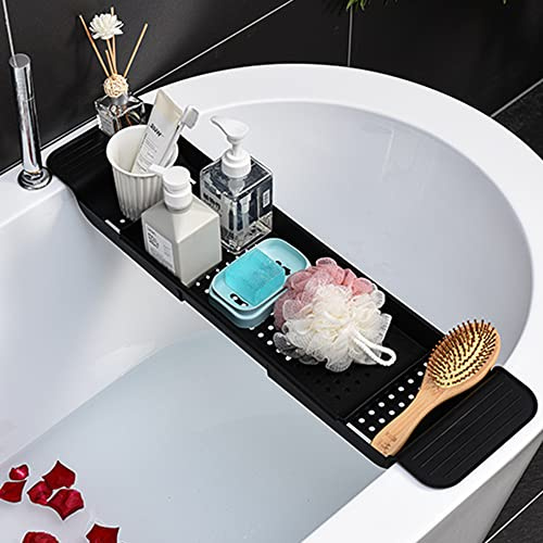 AXUYU Bathtub Caddy Tray, Expandable Bath Shelf, Adjustable Size from 21.9 to 31 inches Plastic Bathtub Storage Rack, Bathtub Accessories & Bathroom Gadgets, Bath Tub Tray for Kitchen Bathroom (Black)