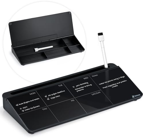 Varhomax Schreibtisch Organizer, Desktop Whiteboard Wochenplaner Glas Schwarz Mit Aufbewahrung Abwischbar, To Do Liste, Notizblock und Tastaturständer für Homeoffice, Büro und Schulbedarf