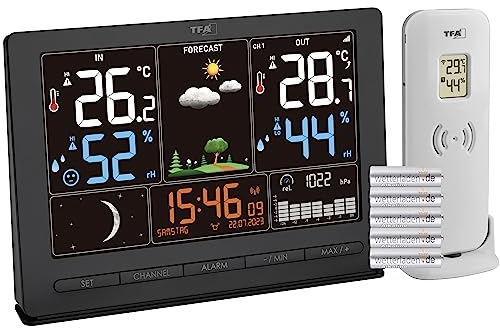 TFA Dostmann Funk-Wetterstation Season 2, 35.1118, mit Außensender, Wettervorhersage, Farbdisplay, Temperatur und Luftfeuchtigkeit, inkl Funkuhr mit Mondphase, schwarz, mit Batterien