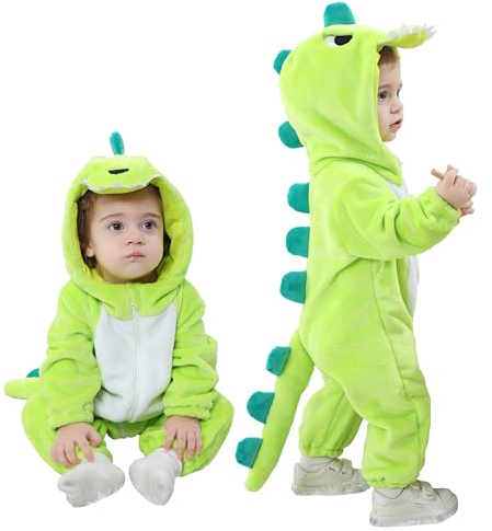 Doladola Baby pojkar flickor tecknat djur onesies med huva spädbarn pyjamas sparkdräkt(2-3 år,grön dinosaurie)