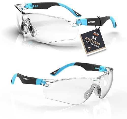 DEX FIT Safety Glasses SG210N - Anti-Fog & Scratch Resistant Z87.1 Eye Protection, Adjustable Temples & Non-Slip Grip, UV385 Blocking Clear Lens for Construction, Lab & Medical; Black & Blue, 1 PC