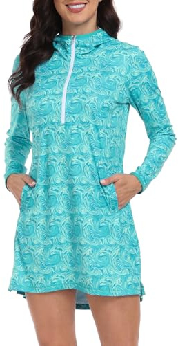 HDE Beach Coverups for Women UPF 50 Long Sleeve Swim Cover Up Dress with Hood Quick Dry Sun Protection Tunic with Pockets Ocean Swirl - L