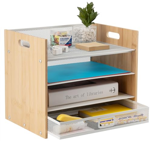 COCSKERQL Schreibtisch-Organizer mit 4 Ebenen, Netzstoff, mit Griff, Bambus-Briefablage, Papier-Organizer mit Schublade, weißer Schreibtisch-Organizer und Zubehör für Schule, Zuhause, Büro