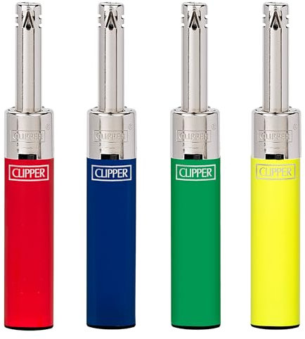Clipper - Pack de 4 Mecheros Electricos en Colores Variados con Mini Tube | Recargables de Gas | Diseño icónico Clipper | Ideal para Encender Velas (Rojo, Azul, Verde, Amarillo)
