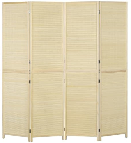 HOMCOM Paravento per Interno Pieghevole a 4 Ante, Divisorio in Bambù di Rattan, 180x1.6x180 cm, color Legno