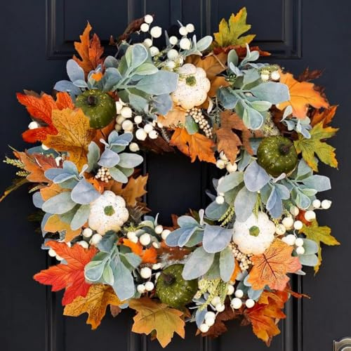 Halloween Pumpkin Door Wreaths With White Berries，Autumn Wreath Front Door 45cm,Maple Leaf And Pumpkins, Autumn Door Wreaths Hanging Indoor Outdoor, Fall Wreath For Halloween Decorations