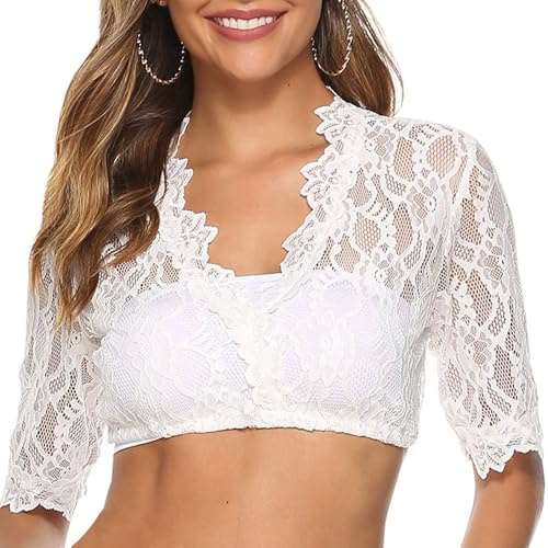 HSAJS Dirndl Camicetta Donna in Pizzo Estiva Dirndl Bluse a Maniche Corte con Scollo a V Costume Oktoberfest Camicia Tradizionale Abbigliamento Elegante per Halloween Bavarese