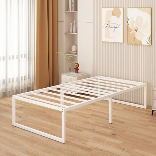 Yicensen Metallbett 90x190 cm - 46 cm Hoch, Großer Stauraum unter dem Bett, Einzelbettgestell aus Metall mit Stahllattenstütze, Einfache Montage, Geräuschlos, Kein Boxspringbett, Weiß