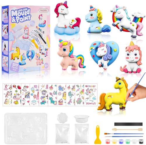 WuGU Målningssats för Barn, Enhörningsfigurer i Gips att Måla, DIY Pysselset, Perfekt Present för Flickor 4-9 År, 3D Enhörningar Pysselset, Målning Gipsleksaker för Barn