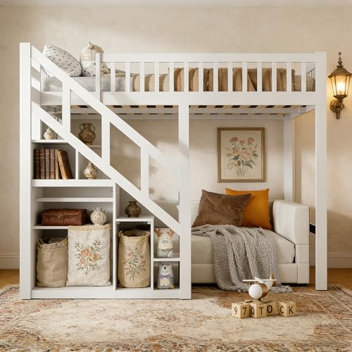 Hochbett 140x200 mit Treppe Kinderbett Etagenbett mit Stauraum und Aufbewahrungsschrank, Stockbett Jugendhochbett mit Rausfallschutz und Lattenrost Doppelstockbett für Erwachsene Jugendliche Kinder