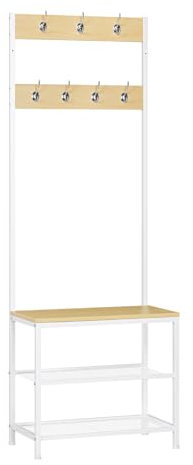 WOLTU Garderobenständer Kleiderständer Wäscheständer Schuhregal mit Sitzfläche, mit 7 Haken, aus Holz und Stahl, Hängeregal, Helle Eiche + Weiß