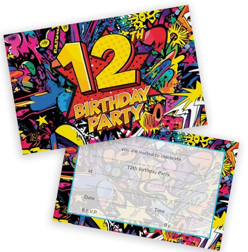 Stuff4 12th Birthday Party Invitations Kids, Comic Book Style 28 Pack | Childrens Birthday Invitations for Boys/Girls A6 Bday Party Invites Invitation Cards with Folding Envelopes