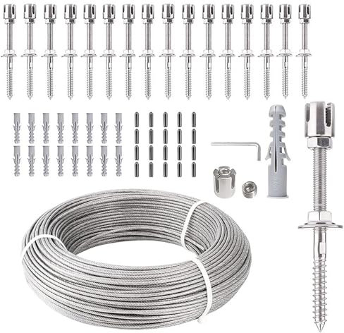 Supporto Per Piante Rampicanti In Acciaio Inox,Sistema Professionale Completo,Include Staffe Da Parete e Cavo Acciaio 3mm (16 Staffe,24 Metri Di Cavo) Stativi In Acciaio Inox Per Piante Rampicanti