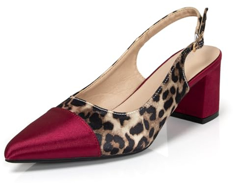 QiBusLeen 2.3 Inch Low Block Satin Slingback Heels for Women Cap Pointed Toe Leopard Print Ankle Strap Pumps Comfortable Dress Two Tone Shoes for Evening Party Prom