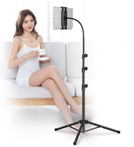 Ipad Tripod Stand, Gooseneck 65 Height Adjustable Floor Stand with 360° Rotating iPad Tripod Mount for iPhone,iPad pro,Kindle and All 4.5-12.9 Inch Tablet and Phone