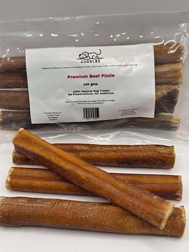 100 gms Bull Buffalo Pizzle - 15 cms ie 6 inches long (4-5 in each pack) Natural Dog Treats Dental Chews Bully Sticks Long Lasting - High Protein, Low Fat, Grain Free, Hypoallergenic, No Rawhide
