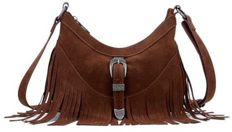 GOKTOW Fashion Petit sac à main à franges Western Mini sac à main hippie avec pompon pour femme, café