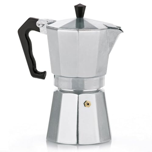 Cafetera Italiana de Aluminio moka de 3 Tazas, 150 ml, Greca espresso clásica Italiana, todo tipo de cocinas excepto inducción, 15 x 12.5 x 9 cm, con Tapa plegable