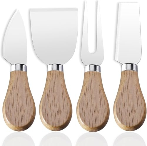 YUANQIAN 4-Piece Stainless Steel Cheese Knives Set with Wooden Handle, Cheese Slicer, Spreader, Fork & Hard Cheese Knife, Essential Charcuterie Board Accessories for Entertaining