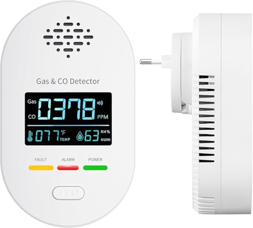 Gas- und CO-Melder mit Stecker für Haus, Gasmelder Gasalarm, Kohlenmonoxidmelder CO-Warnmelder Warner Zuhause, Brenngasmelder für Erdgas LPG Methan Propan Butan (1, Weiß)