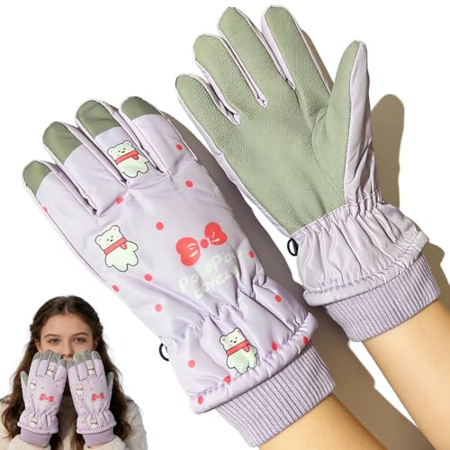 HAJXXMM Kids Ski Gloves, Bear Winter Warm Windproof Snow Mittens Cold Weather Gloves Sledding Snowboard Skating Cycling Running and Outdoor Activities, for 6~14 Years Old Girls