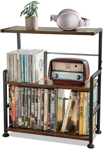 Aquzee Scaffale per CD, 3 ripiani in legno per CD, 70 custodie per CD e DVD, divisori mobili, organizer salvaspazio per CD e DVD, organizer per display blu ray