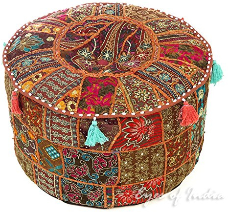 Eyes of India - de Colores Patchwork Puf Otomano Redondo Puf Cubierta Suelo Asiento Bohemio Elegante Bohemio Adorno Indio Hecho a Mano - Marron, 22 X 12 in. (55 X 30 cm)