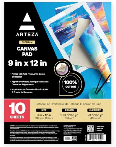 ARTEZA Canvas Pad 9x12 Inches Pack of 1 – 10 Glue-Bound Sheets of Pre-Primed Canvas Paper for Acrylic, Oil and Mixed Media Painting
