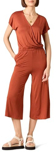 Amazon Essentials Women's Short-Sleeve Surplice Cropped Wide-Leg Jumpsuit with Elastic Waist, Clay, M