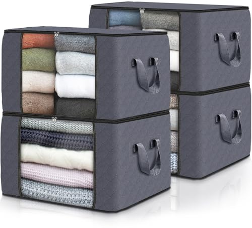 Fab totes Storage Bags,Clothes Blanket Storage Bins Foldable Closet Organizers with Reinforced Handle for Home Dorm Storage and Organization,Fabric Bags for Organizing Sheets,Clothing (Grey,4 Pack)