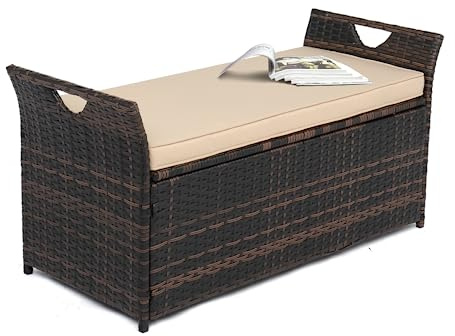 VINGLI 40 Gallon Outdoor Storage Bench with Cushion, Rattan Storage Box, Patio Wicker Deck Box with Seat for Garden | Balcony | Porch | Pool | Yard (Brown Frame + Beige Cushion)