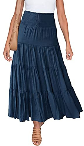 IWEMEK Women Summer Boho Maxi Skirt Ruched Elastic High Waist Casual Ruffle Flowy Swing Tiered Pleated A-Line Holiday Casual Gypsy Vintage Long Skirts Full Length Navy Blue XXL
