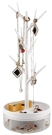 Portagioielli ramoscello con base girevole e scatola di contenimento, torre dell'albero, scatola di contenimento, anello, orecchini, collana, braccialetto, adatto per soggiorno, bagno, ufficio, ecc.