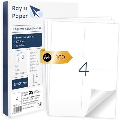 Raylu Paper® - Etiquetas Autoadhesivas A4 Blanco para Imprimir | 100 Hojas de Papel Adhesivo, Compatibles con Impresora Inkjet, Láser y Fotocopiadora | 4 Pegatinas Adhesivas (105 x 148 mm)