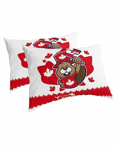Maple Beaver Pillowcases King Size, 2 Packs Soft Bed Throw Pillow Covers Sham Luxury Decorative Sofa Couch Long Body Lumbar Bolster Cushion Case with Envelope Closure, Happy Canada Day Red White