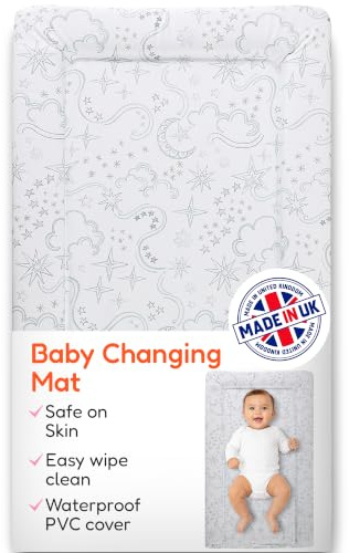 Babycurls Baby Changing Mat with Raised Foam Edges - Wipe Clean Waterproof PVC Nappy Changing Mat - Hypoallergenic Foam - UK Made Nursery Essential, Stars & Swirls Sketches, 76 x 45 cm Baby Pad
