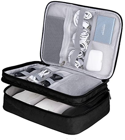 LENTION Cable Organiser Bag Travel Electronic Accessories Organiser 3-Layers All-in-One Storage Pouch for Charger, USB Cables, Power Bank, Earphone (Black)