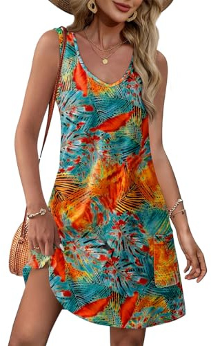 Yeenily Robe Femme Col en V Décontractée sans Manche - Robe de Plage Été Courte Débardeur Chic et Elegant Mini Tunique avec Poches (Couleur 2, M)