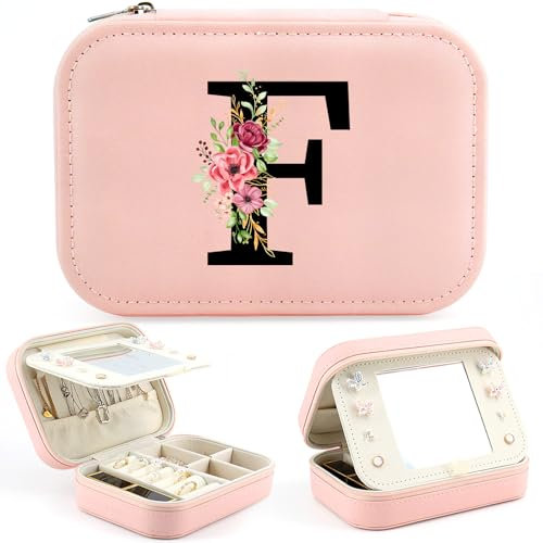 Iniziale Portagioie Donne Portagioie da Viaggio con Lettera Piccoli Scatola Portaoggetti con Specchio Organizzatore di Gioielli, Regalo per Ragazza Donna, Regalo di Compleanno Anniversario Natale (F)
