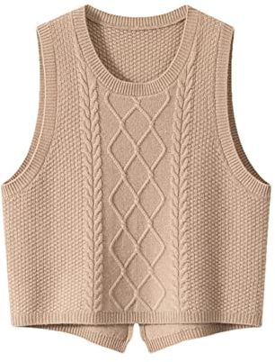 SGeneE Cashmere Women's Solid Knitted Sweater Vest Short Sleeveless Pullover Sweater Slit Back (Light Khaki9 S)