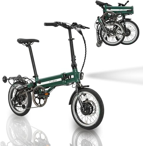Flebi Vélo Électrique Pliable 16 Supra 4.0 avec Autonomie 70 km et Batterie Amovible 10,4Ah/374Wh + 3 Vitesses - E-Bike Urbain Unisexe Compact et Léger Femme/Homme - Vert