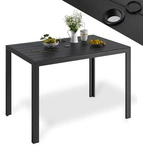 LIFERUN Tavolo da Giardino 110x70 cm con Foro per Ombrellone 4cm, Tavolo da Terrazzo in WPC per 4-6 Persone, Tavolo da Balcone Resistente alle Intemperie con Telaio in Alluminio, Nero