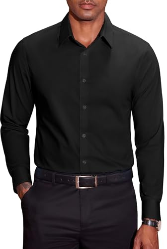 COOFANDY Camicia da Uomo a Maniche Lunghe in Cotone Stretch Anti-Piega per Business e Tempo Libero Regular Fit Nero XXL