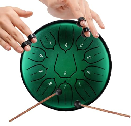 Steel Tongue Drum 6 Zoll, 11 Noten Zungentrommel in C-Dur mit Schutz-Gummiring - Sphärischer Klang für Entspannung, Perfekt für Yoga, Meditation, Band & Musikunterricht (Grün)