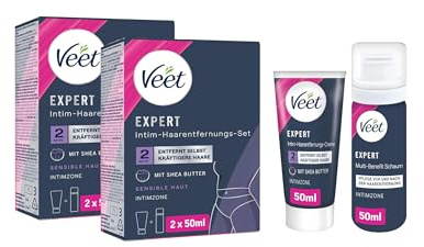 Veet Expert Intim-Haarentfernungs-Set - 2er Pack Enthaarungscreme für den Intimbereich inkl. Multi-Benefit-Schaum -2 x 2 x 50 ml