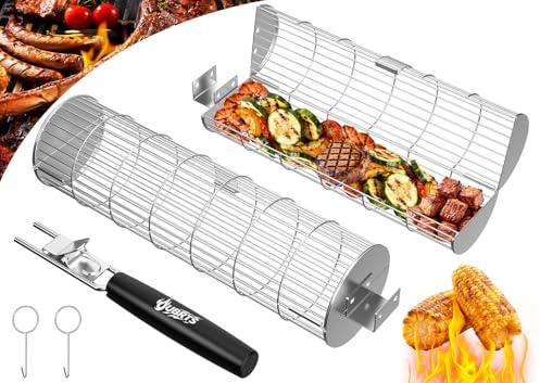 Rullande grillkorgar för utomhusgrill, 2-pack BBQ-grillkorgar med avtagbar trähandtag, rostfritt stål camping-kockgrilltillbehör för kött, fisk, grönsaker, skaldjur, present för män, pappa, make