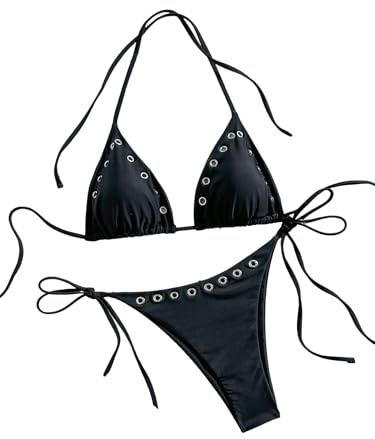 SEGT Women's 2 Piece Y2K Bikini Sets Grommet Eyelet String Thong Bathing Suit High Cut Triangle Micro Sexy Cheeky Swimsuits Black XS