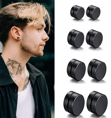BAHME 4 Pares Pendientes Iman Hombre, Falsos Pendientes, Magnéticos de Acero Inoxidable, Hombre Pendientes Clip, Sin Agujero, Negro 6/8/10/12 mm, Pendientes de Imán para Hombre Mujer